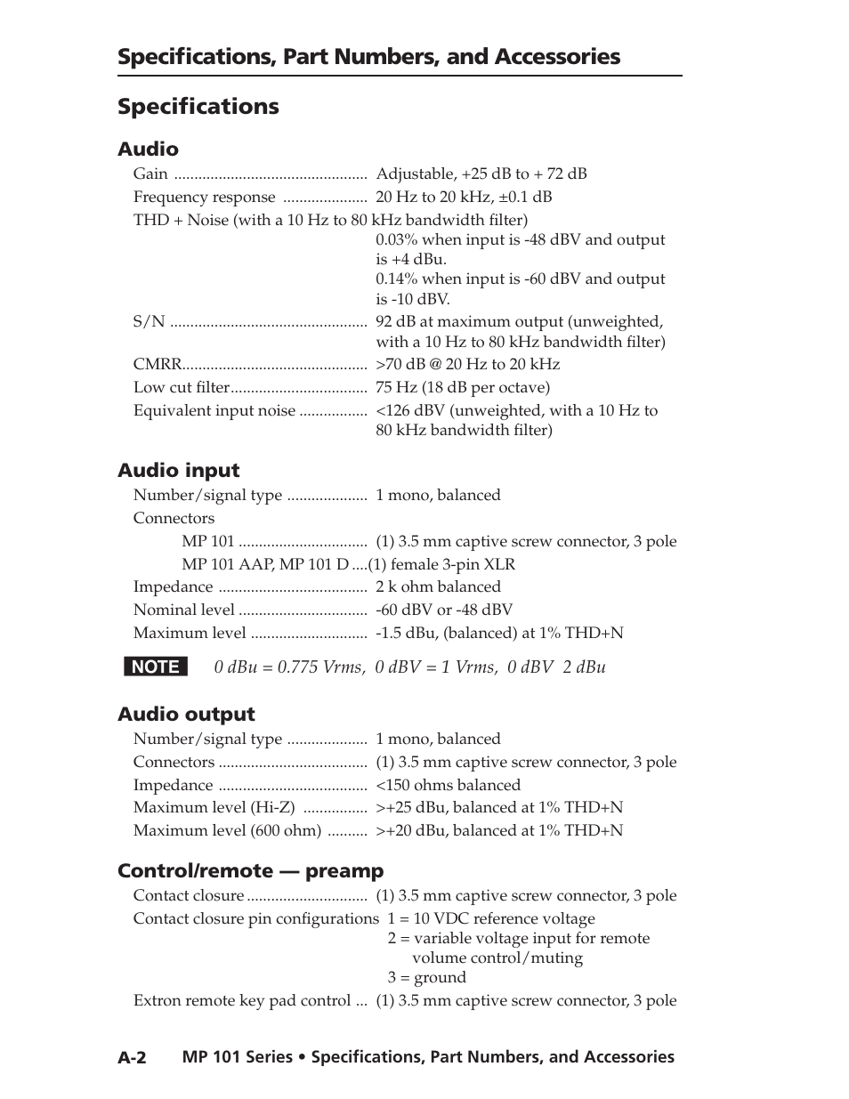 Specifi cations, part numbers, and accessories, Specifi cations | Extron Electronics MP 101 Series User Guide User Manual | Page 38 / 47