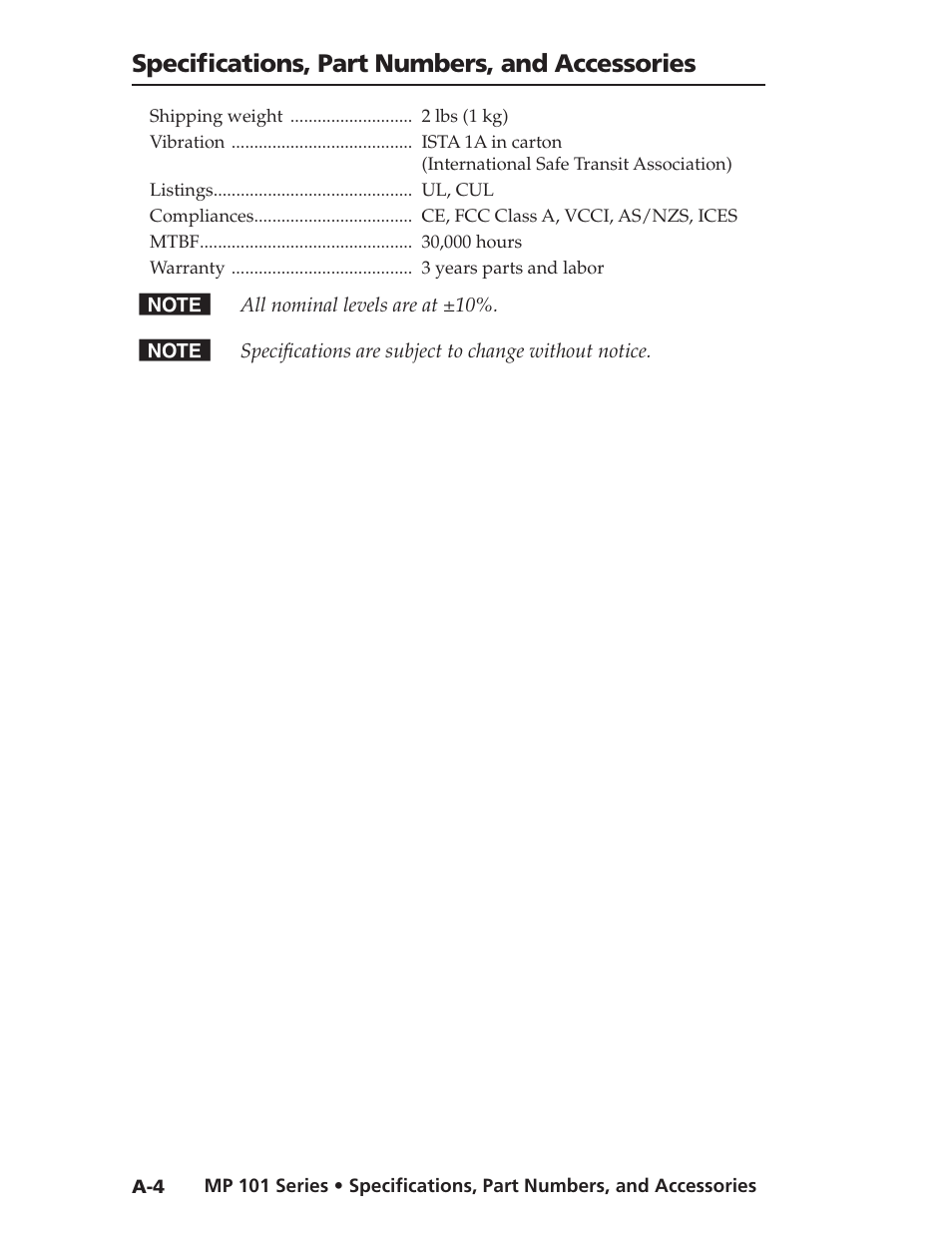 Specifi cations, part numbers, and accessories | Extron Electronics MP 101 Series User Guide User Manual | Page 40 / 47