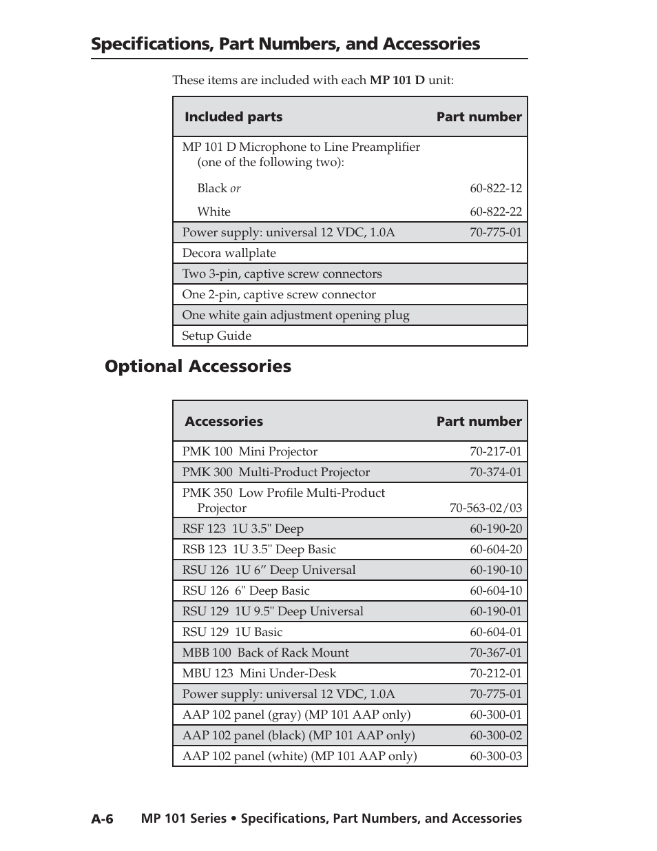 Specifi cations, part numbers, and accessories, Optional accessories | Extron Electronics MP 101 Series User Guide User Manual | Page 42 / 47