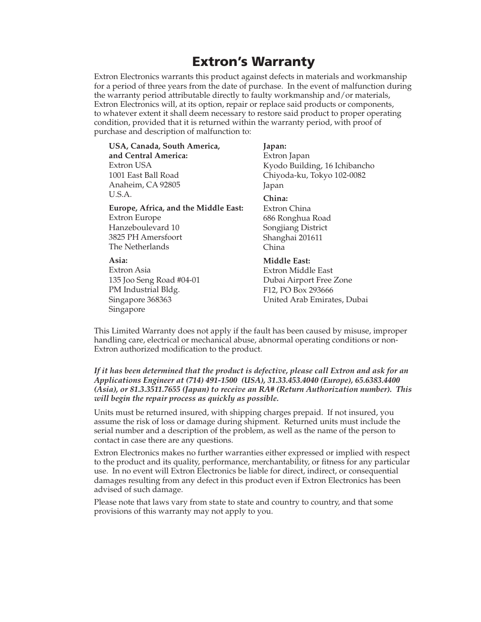 Extron’s warranty | Extron Electronics MP 101 Series User Guide User Manual | Page 46 / 47