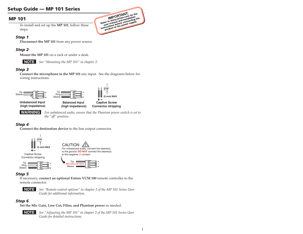 Extron Electronics MP 101 Series Setup Guide User Manual | 4 pages