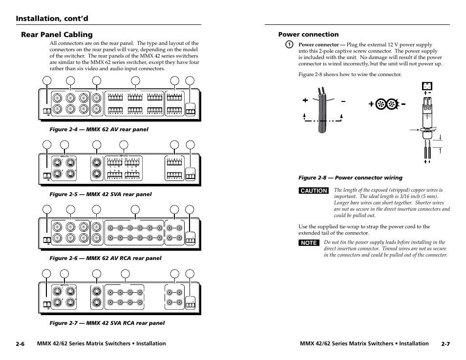 Rear panel cabling, Power connection, Power connection -7 | Installation, cont’d, Mmx 42/62 series matrix switchers • installation, Figure 2-8 — power connector wiring, Figure 2-8 shows how to wire the connector | Extron Electronics MMX 42_62 Series User Guide User Manual | Page 10 / 29