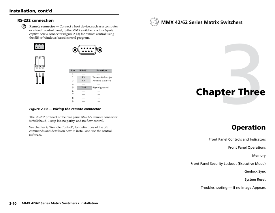 Rs-232 connection, Chapter 3 • operation, Rs-232 connection -10 | Chapter three • operation, Chapter three, Operation | Extron Electronics MMX 42_62 Series User Guide User Manual | Page 12 / 29