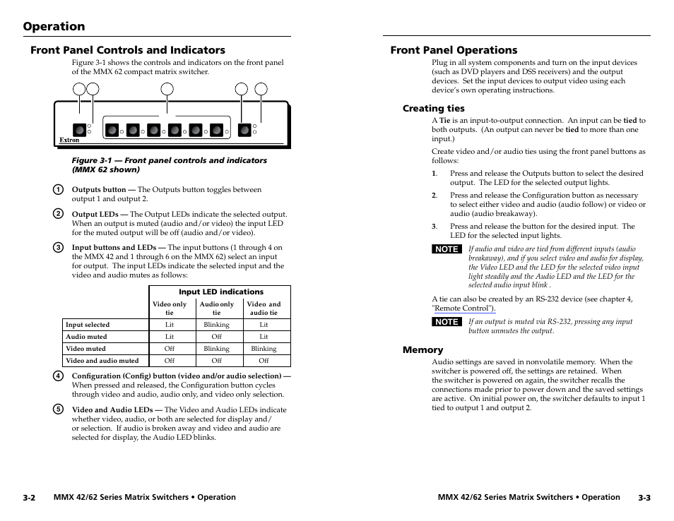 Front panel controls and indicators, Front panel operations, Creating ties | Memory, Creating ties -3 memory -3, Operation | Extron Electronics MMX 42_62 Series User Guide User Manual | Page 13 / 29