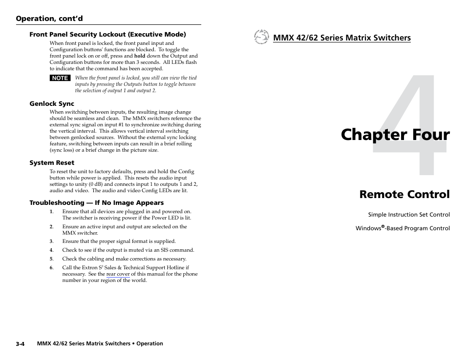 Front panel security lockout (executive mode), Genlock sync, System reset | Troubleshooting — if no image appears, Chapter 4 • remote control, Chapter four • remote control, Chapter four, Remote control | Extron Electronics MMX 42_62 Series User Guide User Manual | Page 14 / 29