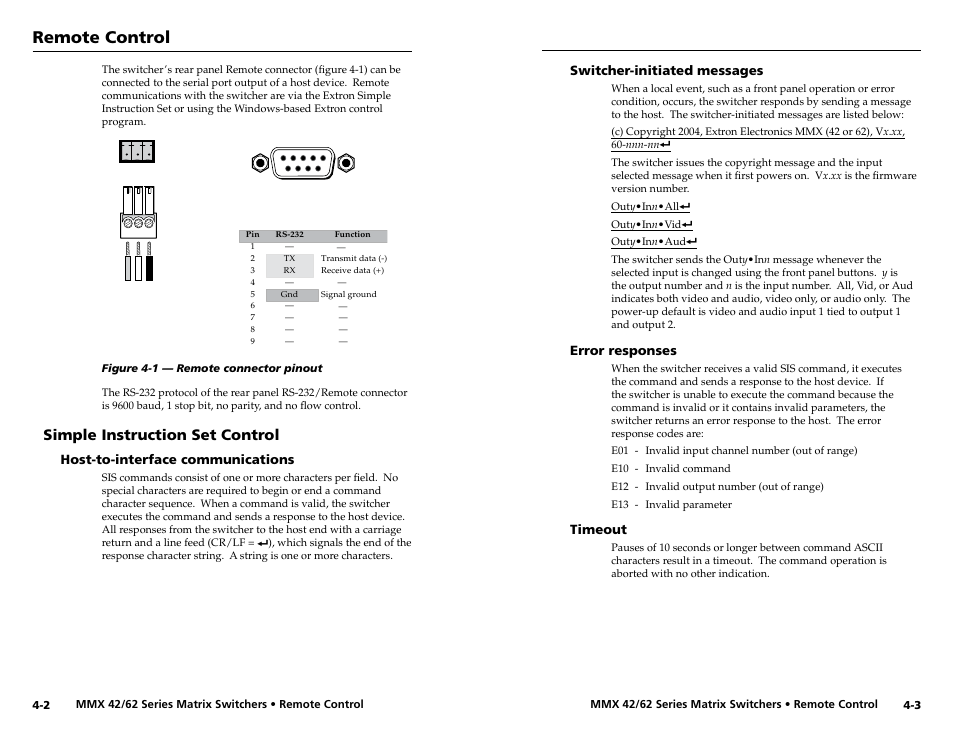 Simple instruction set control, Host-to-interface communications, Switcher-initiated messages | Error responses, Timeout, Remote control | Extron Electronics MMX 42_62 Series User Guide User Manual | Page 15 / 29