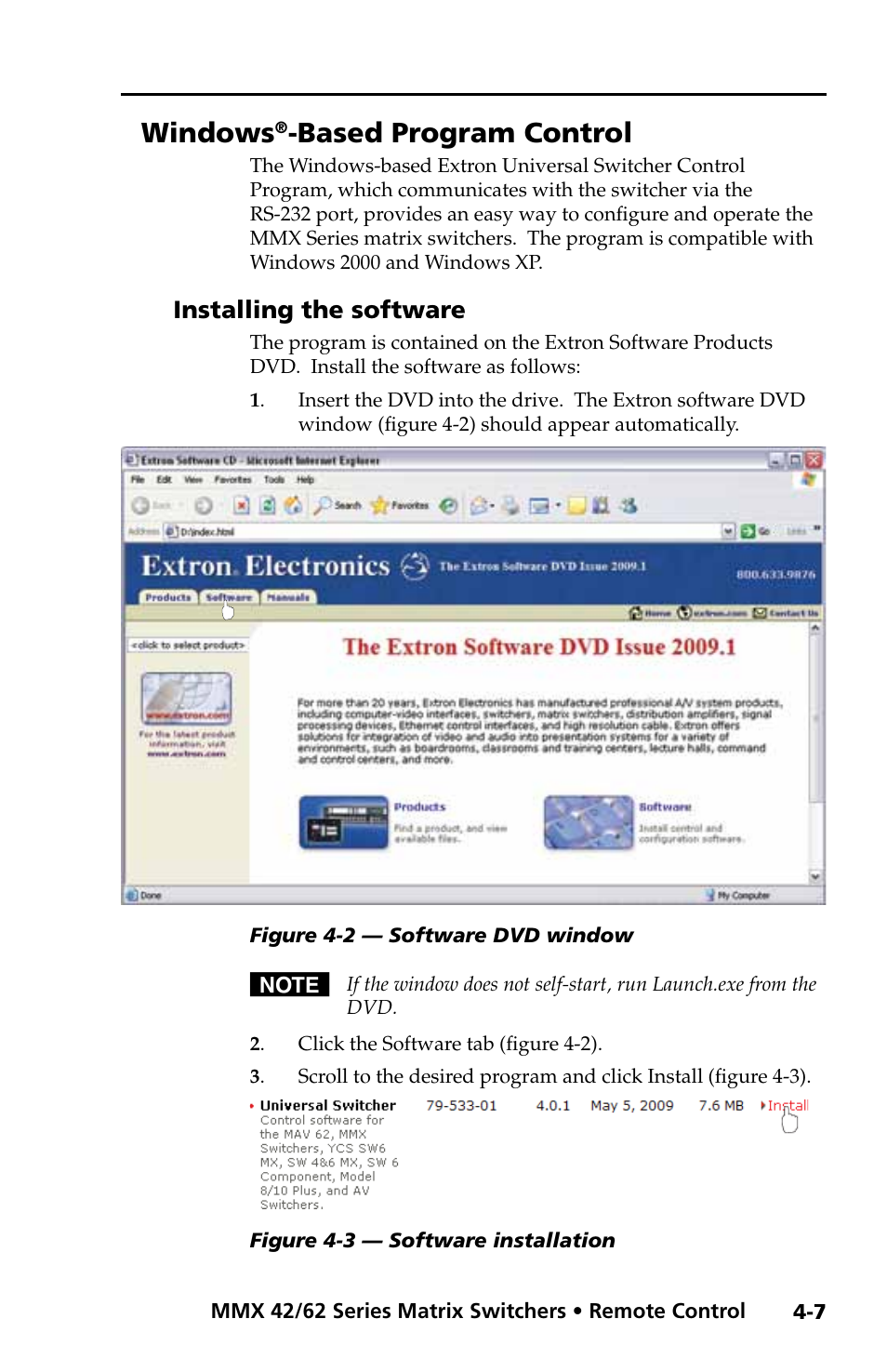 Windows®-based program control, Installing the software, Windows | Based program control, Installing the software -7 | Extron Electronics MMX 42_62 Series User Guide User Manual | Page 19 / 29