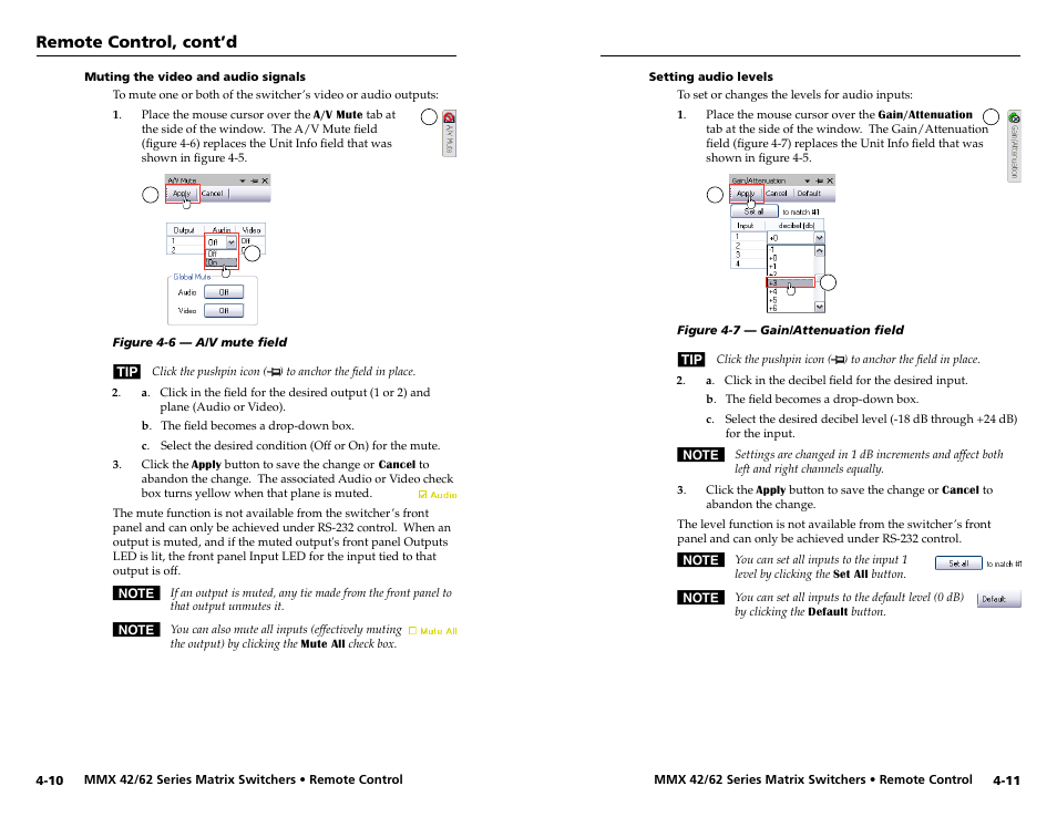 Muting the video and audio signals, Setting audio levels, Remote control, cont’d | Extron Electronics MMX 42_62 Series User Guide User Manual | Page 21 / 29