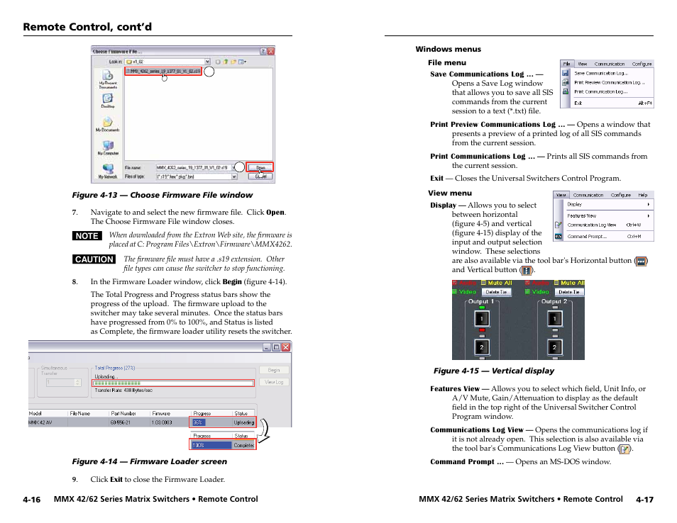 Windows menus, Windows menus -17, Remote control, cont’d | Extron Electronics MMX 42_62 Series User Guide User Manual | Page 24 / 29