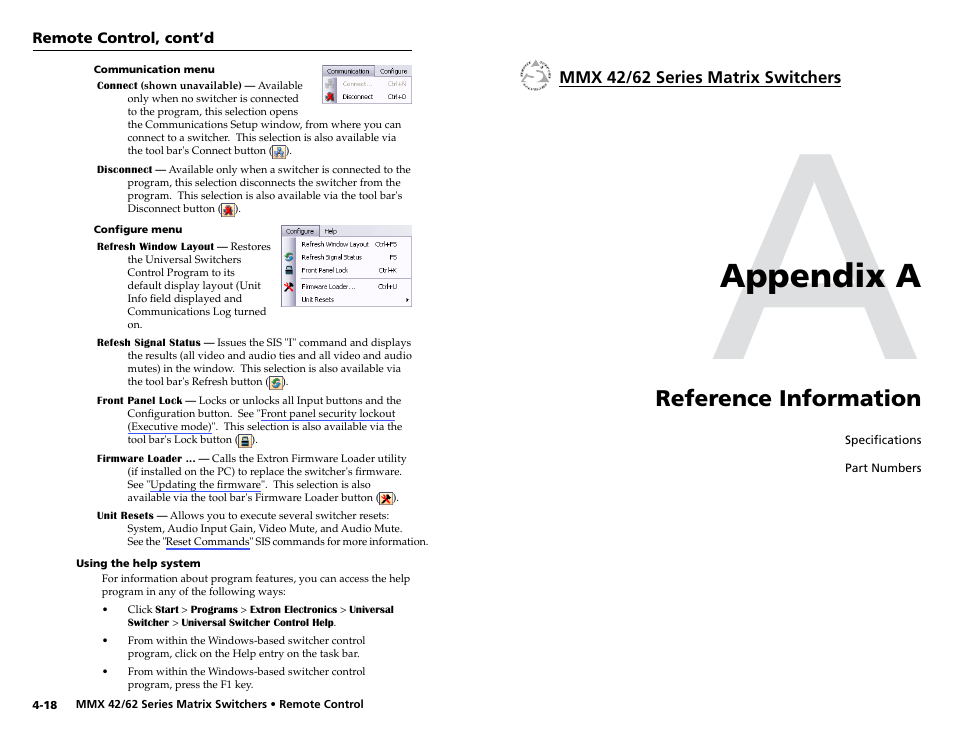 Using the help system, Appendix a • reference information, Using the help system -18 | Appendix a, Reference information | Extron Electronics MMX 42_62 Series User Guide User Manual | Page 25 / 29