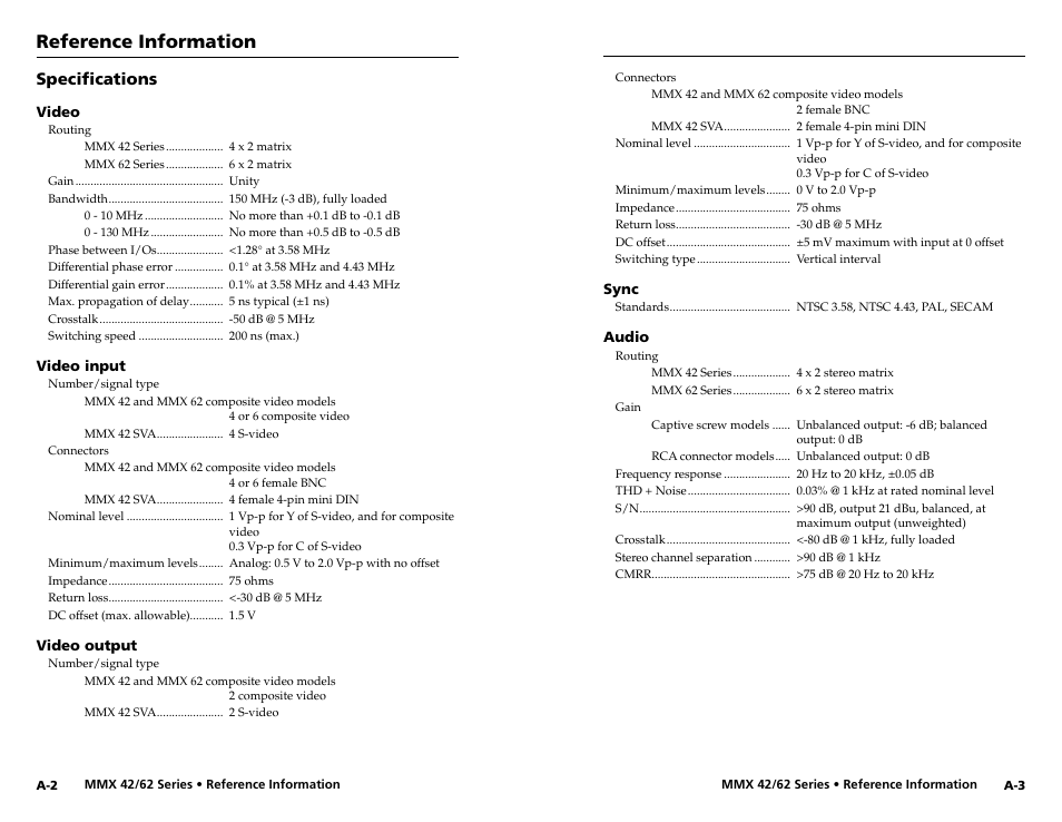 Specifications, Reference information | Extron Electronics MMX 42_62 Series User Guide User Manual | Page 26 / 29