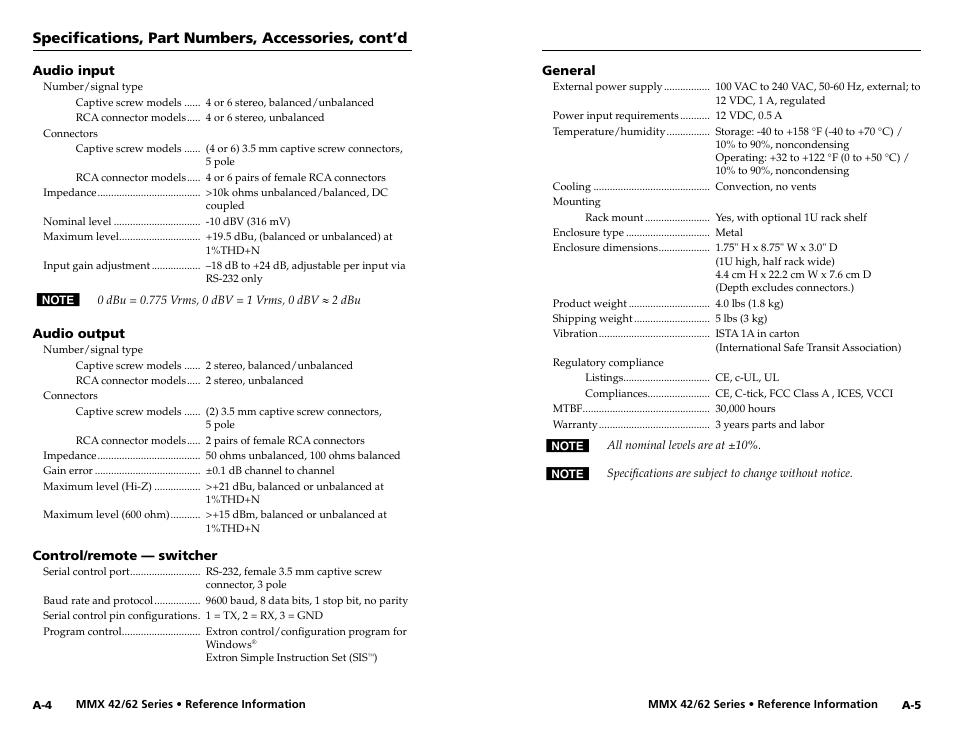 Specifications, part numbers, accessories, cont’d | Extron Electronics MMX 42_62 Series User Guide User Manual | Page 27 / 29
