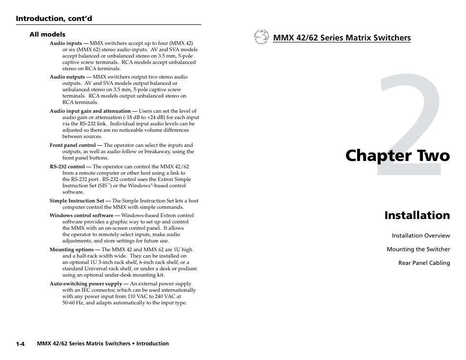 All models, Chapter 2 • installation, All models -4 | Chapter two • installation, Chapter two, Installation | Extron Electronics MMX 42_62 Series User Guide User Manual | Page 7 / 29