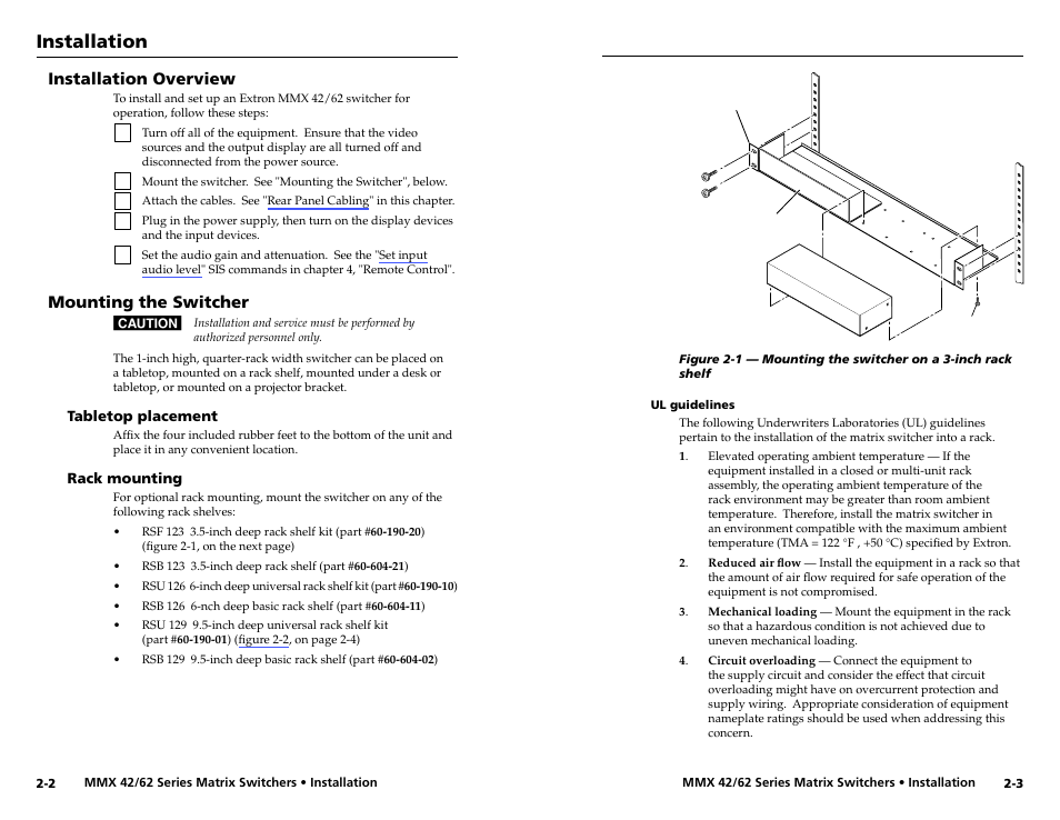 Installation overview, Mounting the switcher, Tabletop placement | Rack mounting, Ul guidelines, Tabletop placement -2 rack mounting -2, Ul guidelines -3, Installation | Extron Electronics MMX 42_62 Series User Guide User Manual | Page 8 / 29