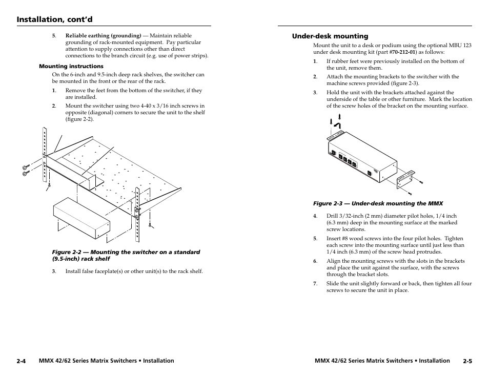 Mounting instructions, Under-desk mounting, Mounting instructions -4 | Under-desk mounting -5, Installation, cont’d | Extron Electronics MMX 42_62 Series User Guide User Manual | Page 9 / 29