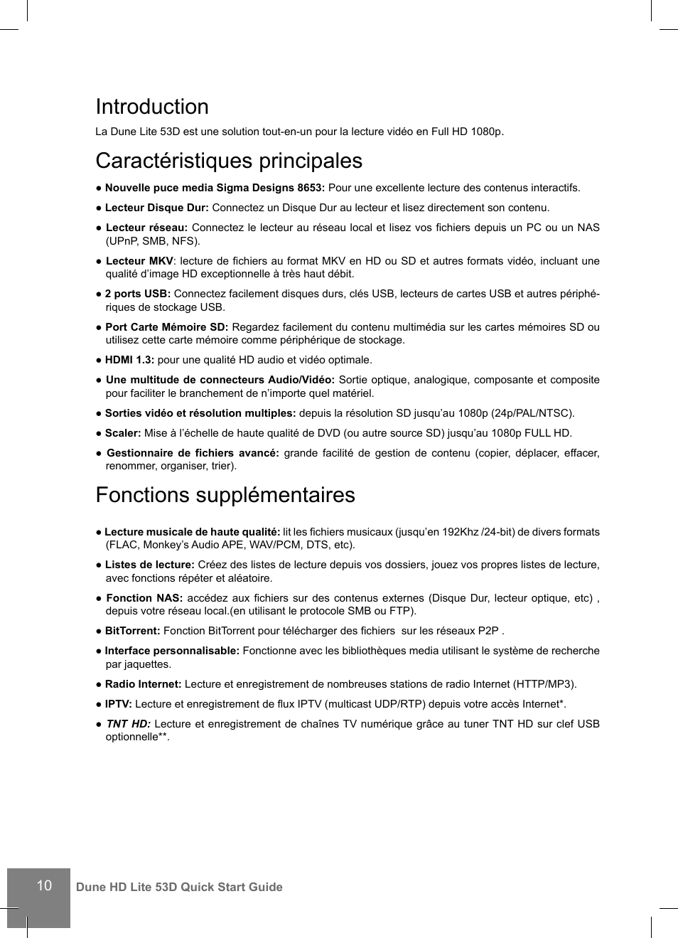 Introduction, Caractéristiques principales, Fonctions supplémentaires | DUNE HD Lite 53D User Manual | Page 10 / 60