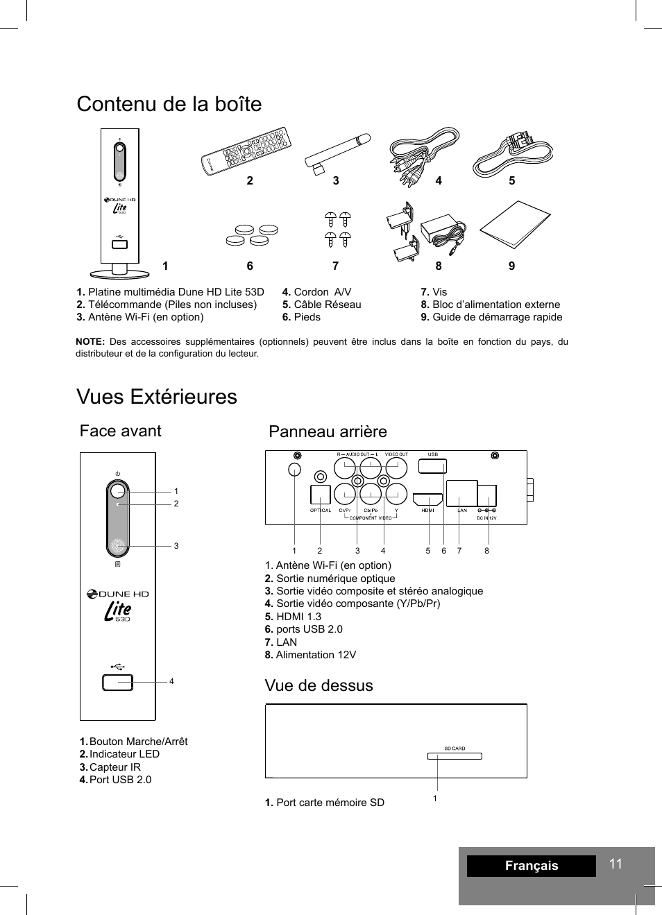 Contenu de la boîte, Vues extérieures, Face avant panneau arrière | Vue de dessus | DUNE HD Lite 53D User Manual | Page 11 / 60