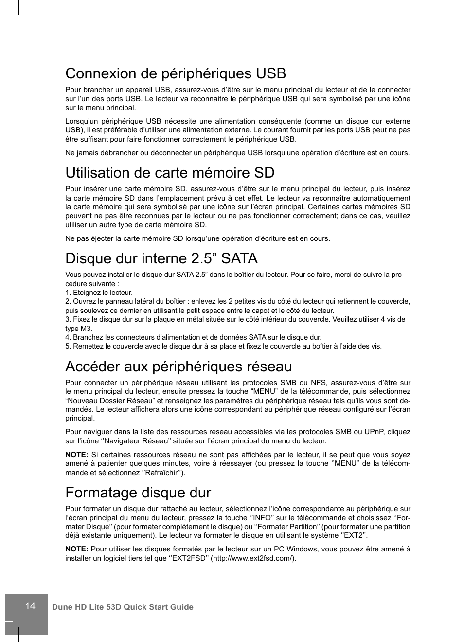 Connexion de périphériques usb, Utilisation de carte mémoire sd, Disque dur interne 2.5” sata | Accéder aux périphériques réseau, Formatage disque dur | DUNE HD Lite 53D User Manual | Page 14 / 60
