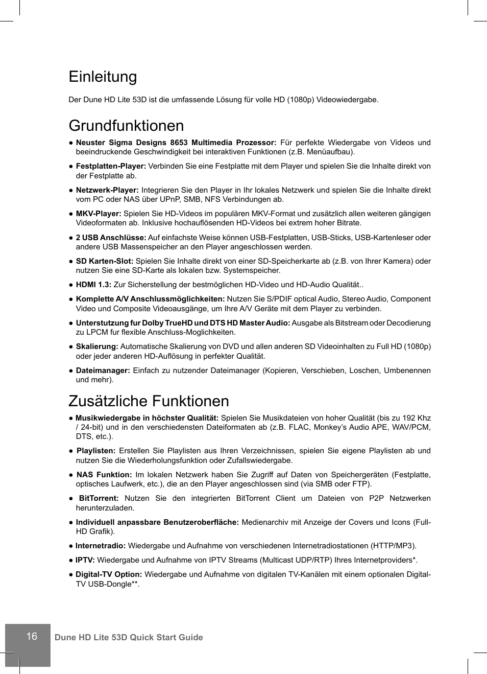 Einleitung, Grundfunktionen, Zusätzliche funktionen | DUNE HD Lite 53D User Manual | Page 16 / 60