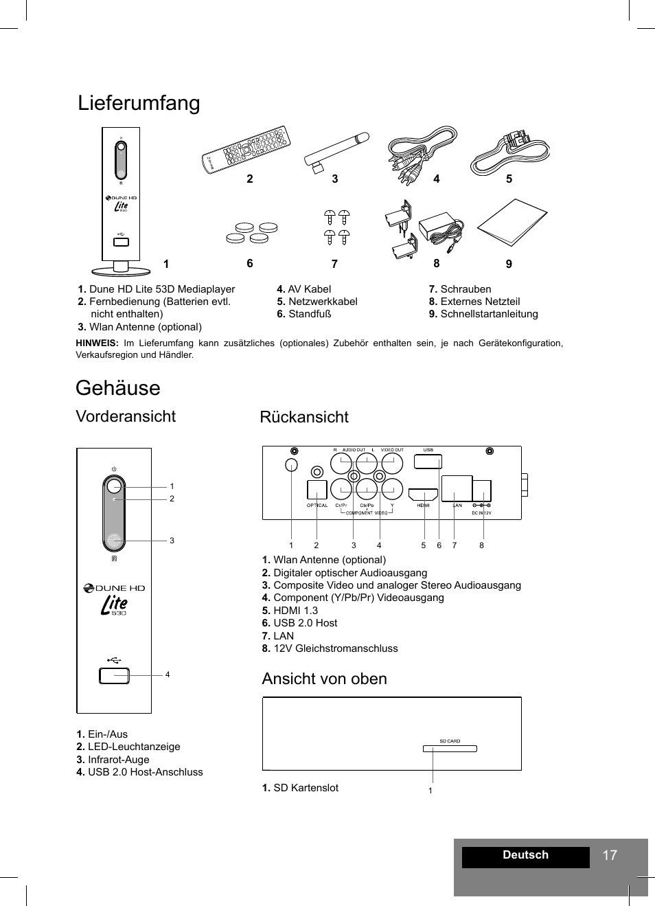 Lieferumfang, Gehäuse, Vorderansicht rückansicht | Ansicht von oben | DUNE HD Lite 53D User Manual | Page 17 / 60