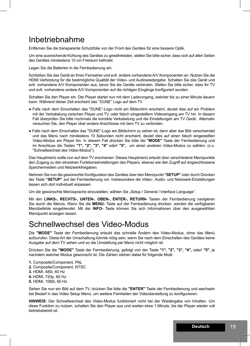 Inbetriebnahme, Schnellwechsel des video-modus | DUNE HD Lite 53D User Manual | Page 19 / 60