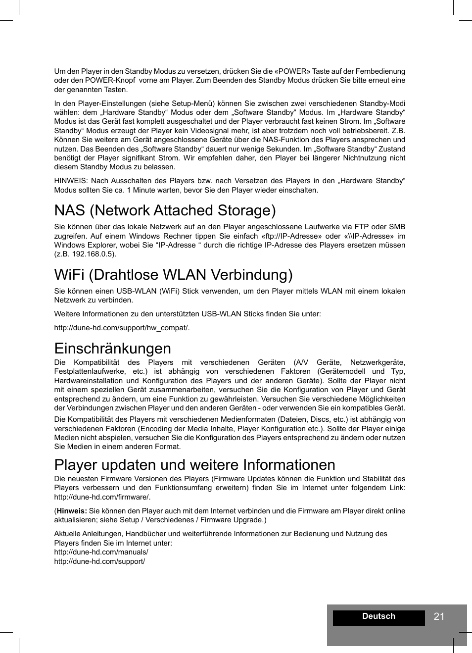 Nas (network attached storage), Wifi (drahtlose wlan verbindung), Einschränkungen | Player updaten und weitere informationen | DUNE HD Lite 53D User Manual | Page 21 / 60