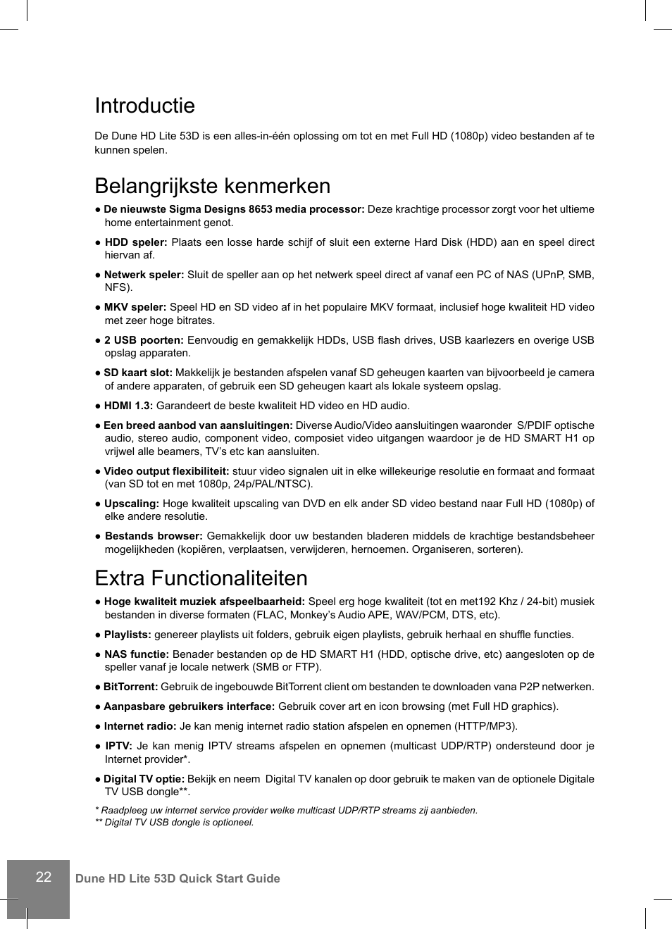 Introductie, Belangrijkste kenmerken, Extra functionaliteiten | DUNE HD Lite 53D User Manual | Page 22 / 60