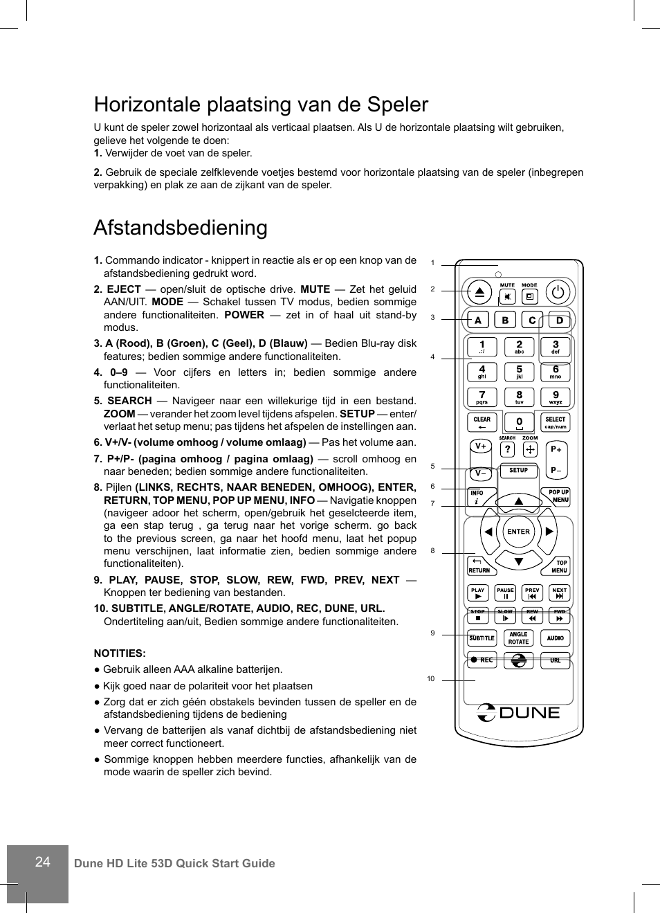 Afstandsbediening, Horizontale plaatsing van de speler | DUNE HD Lite 53D User Manual | Page 24 / 60