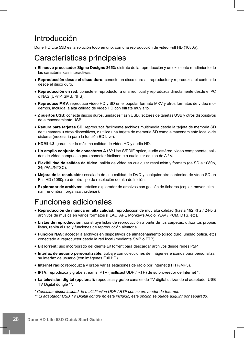 Introducción, Características principales, Funciones adicionales | DUNE HD Lite 53D User Manual | Page 28 / 60