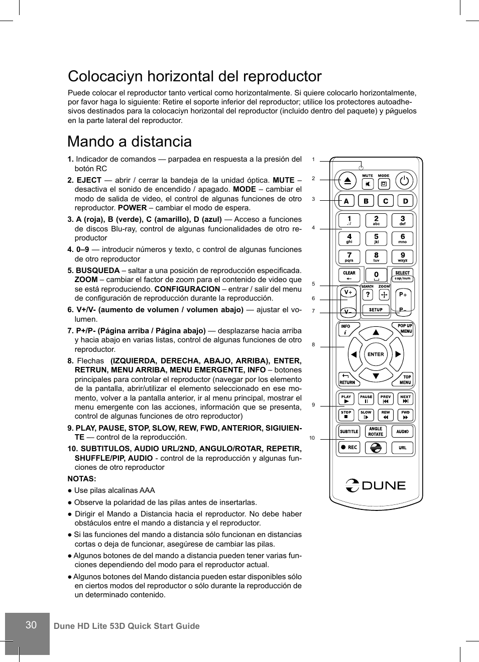 Mando a distancia, Colocaciуn horizontal del reproductor | DUNE HD Lite 53D User Manual | Page 30 / 60
