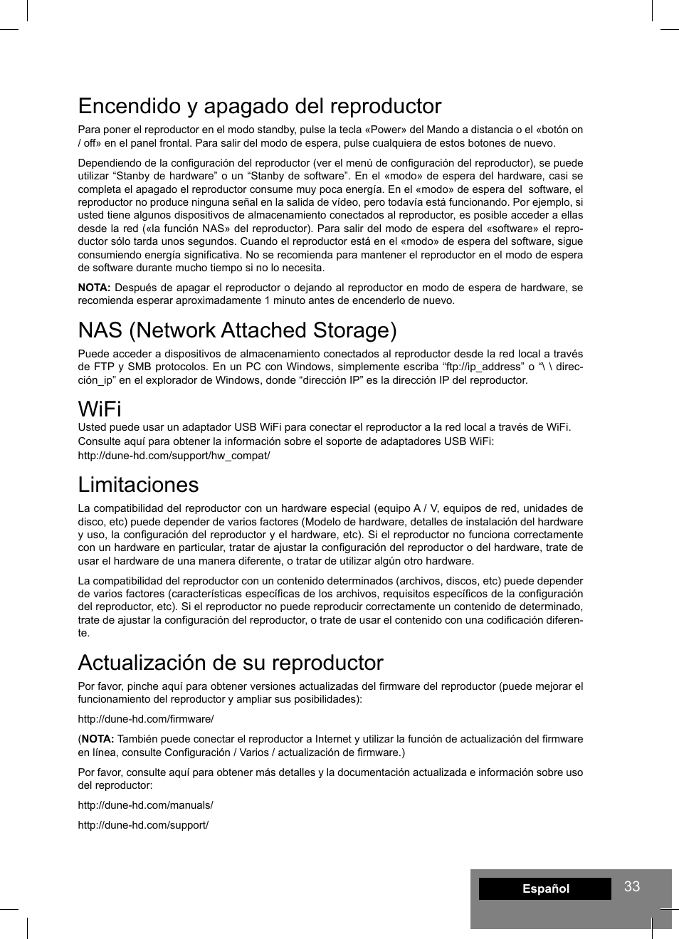 Encendido y apagado del reproductor, Nas (network attached storage), Wifi | Limitaciones, Actualización de su reproductor | DUNE HD Lite 53D User Manual | Page 33 / 60