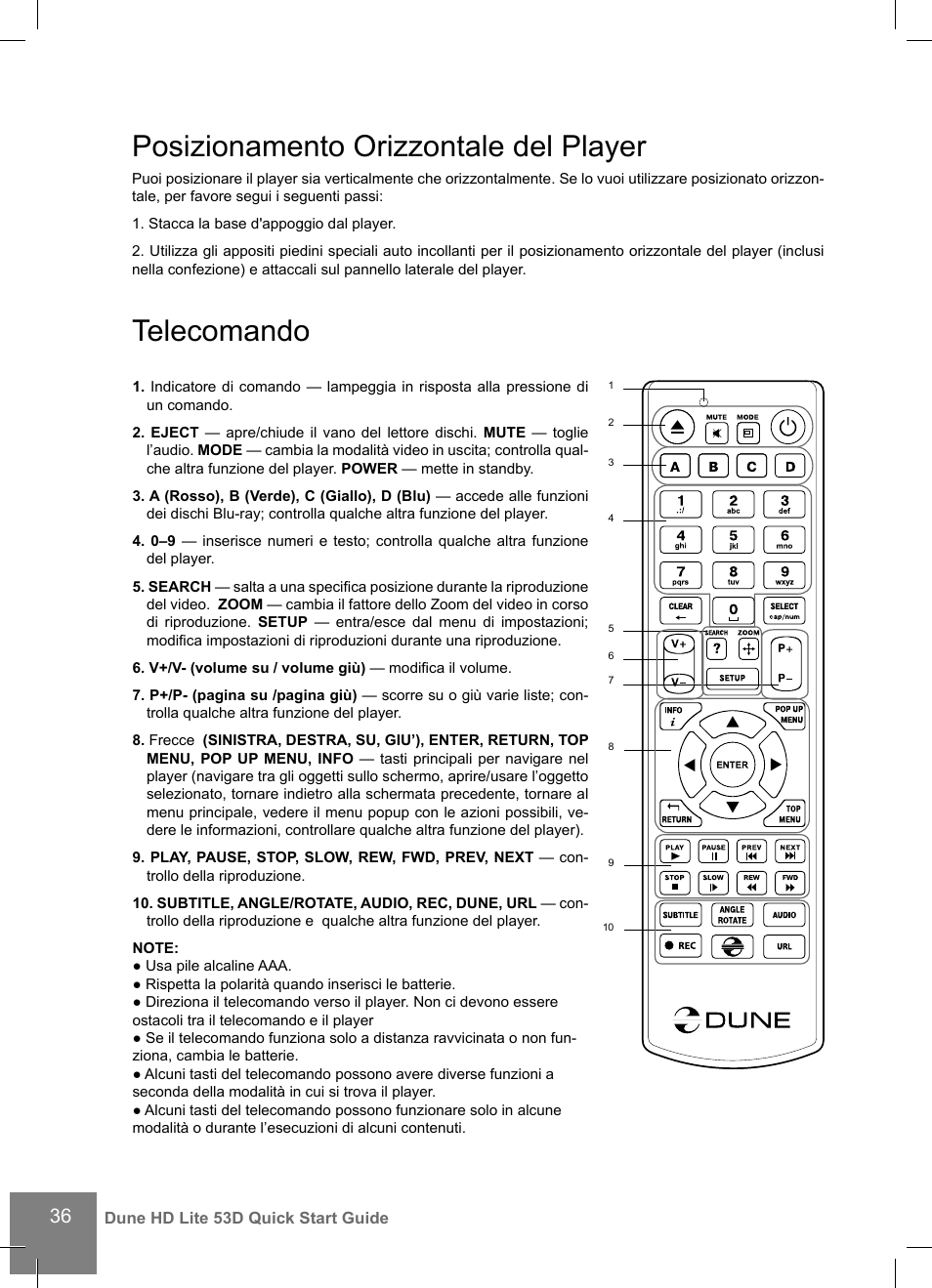 Telecomando, Posizionamento orizzontale del player | DUNE HD Lite 53D User Manual | Page 36 / 60