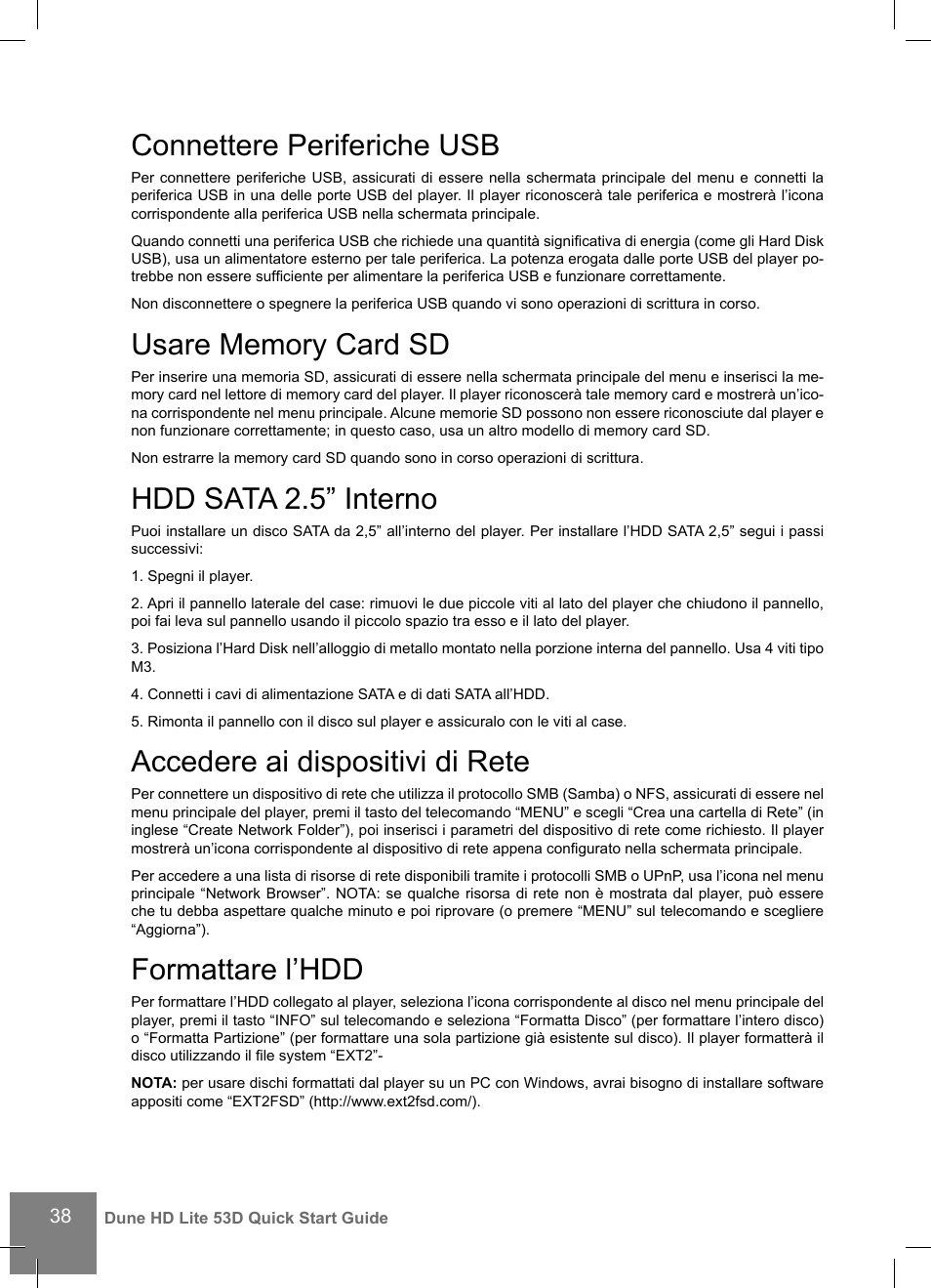 Connettere periferiche usb, Hdd sata 2.5” interno, Accedere ai dispositivi di rete | Formattare l’hdd | DUNE HD Lite 53D User Manual | Page 38 / 60