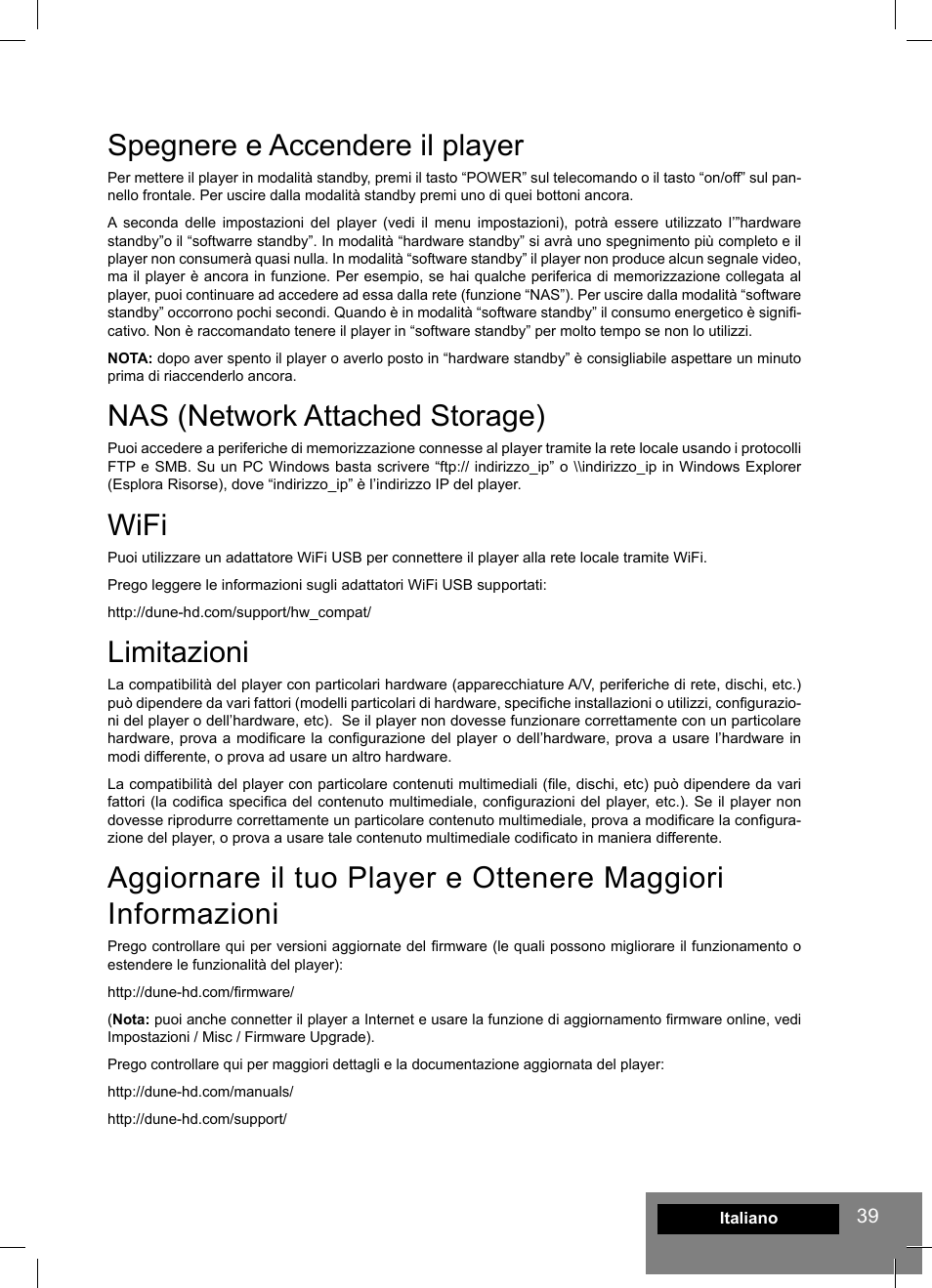 Spegnere e accendere il player, Nas (network attached storage), Wifi | Limitazioni | DUNE HD Lite 53D User Manual | Page 39 / 60
