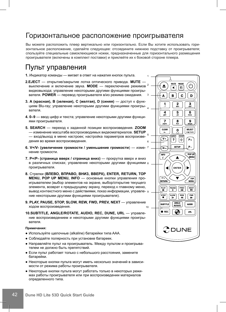 Пульт управления, Горизонтальное расположение проигрывателя | DUNE HD Lite 53D User Manual | Page 42 / 60