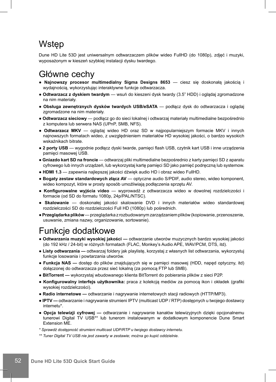 Wstęp, Główne cechy, Funkcje dodatkowe | DUNE HD Lite 53D User Manual | Page 52 / 60