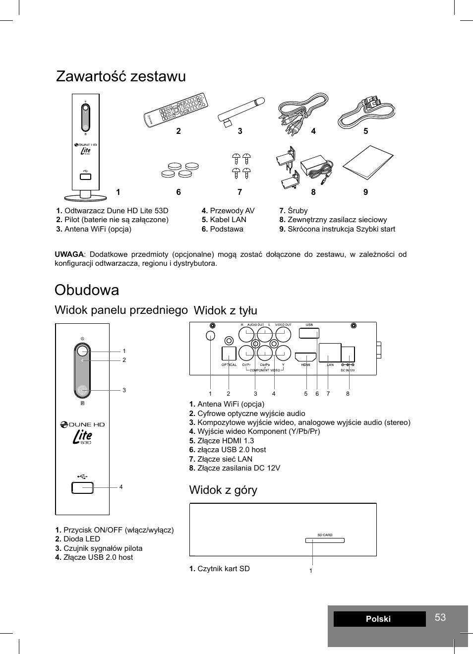 Zawartość zestawu, Obudowa, Widok panelu przedniego widok z tyłu | Widok z góry | DUNE HD Lite 53D User Manual | Page 53 / 60