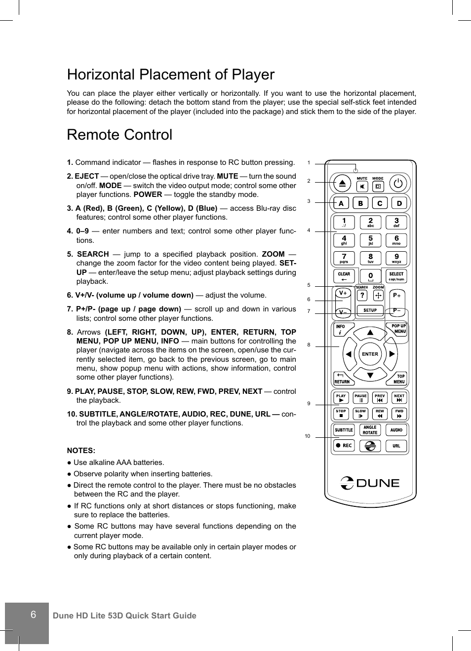 Remote control, Horizontal placement of player | DUNE HD Lite 53D User Manual | Page 6 / 60