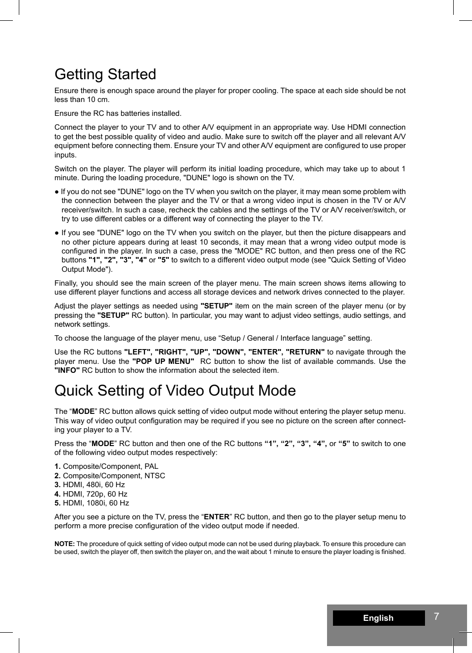 Getting started, Quick setting of video output mode | DUNE HD Lite 53D User Manual | Page 7 / 60
