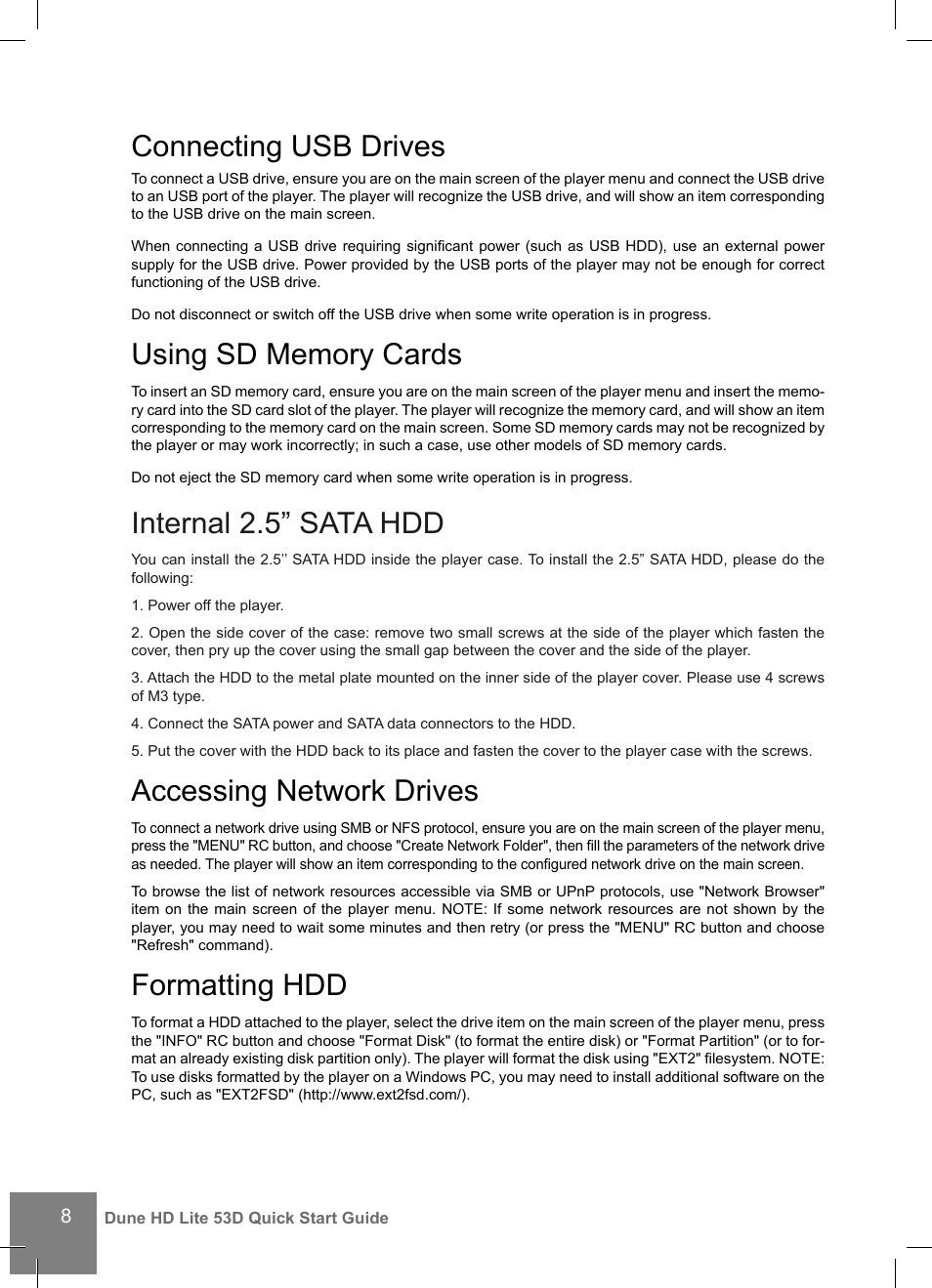 Connecting usb drives, Internal 2.5” sata hdd, Accessing network drives | Formatting hdd | DUNE HD Lite 53D User Manual | Page 8 / 60