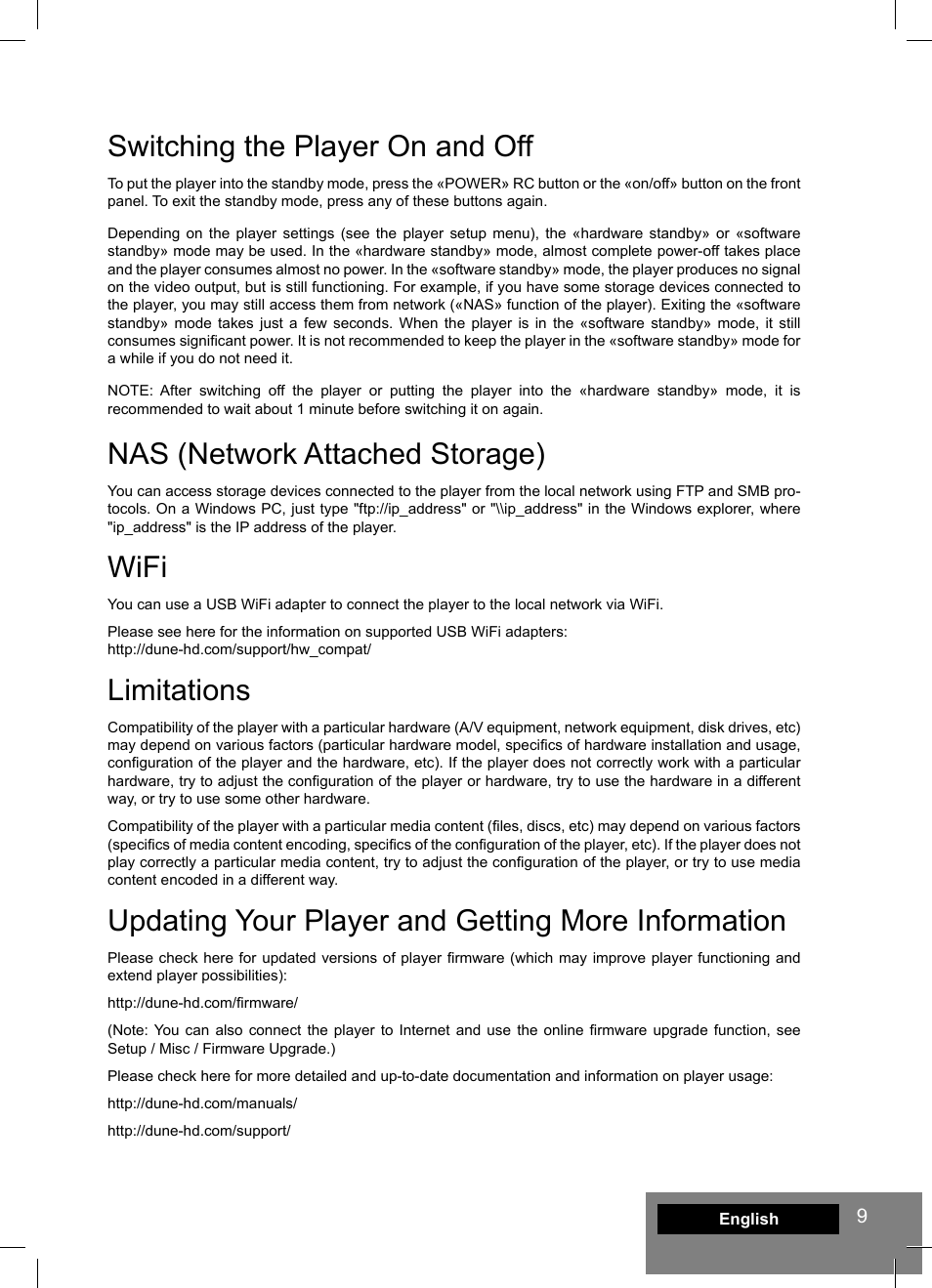 Switching the player on and off, Nas (network attached storage), Wifi | Limitations, Updating your player and getting more information | DUNE HD Lite 53D User Manual | Page 9 / 60