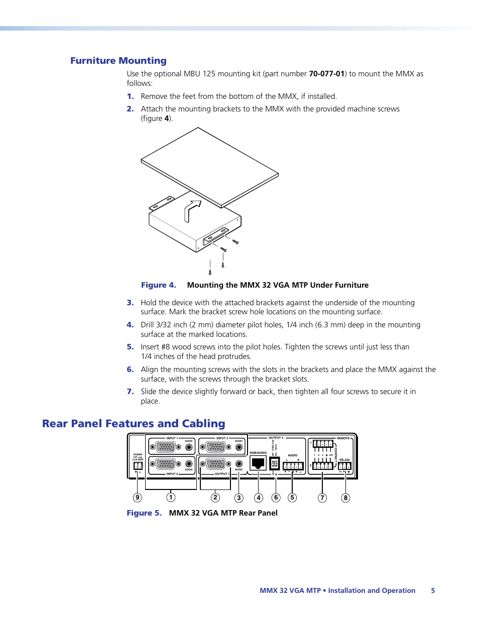 Furniture mounting, Rear panel features and cabling, Figure 5. mmx 32 vga mtp rear panel | Mmx 32 vga mtp • installation and operation 5 | Extron Electronics MMX 32 VGA MTP User Guide User Manual | Page 10 / 33