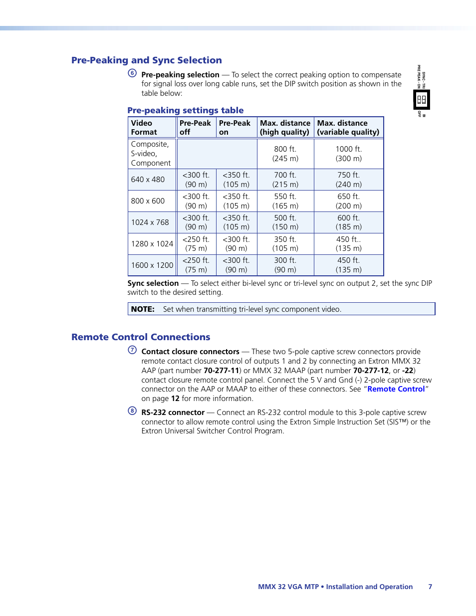 Pre-peaking and sync selection, Remote control connections | Extron Electronics MMX 32 VGA MTP User Guide User Manual | Page 12 / 33