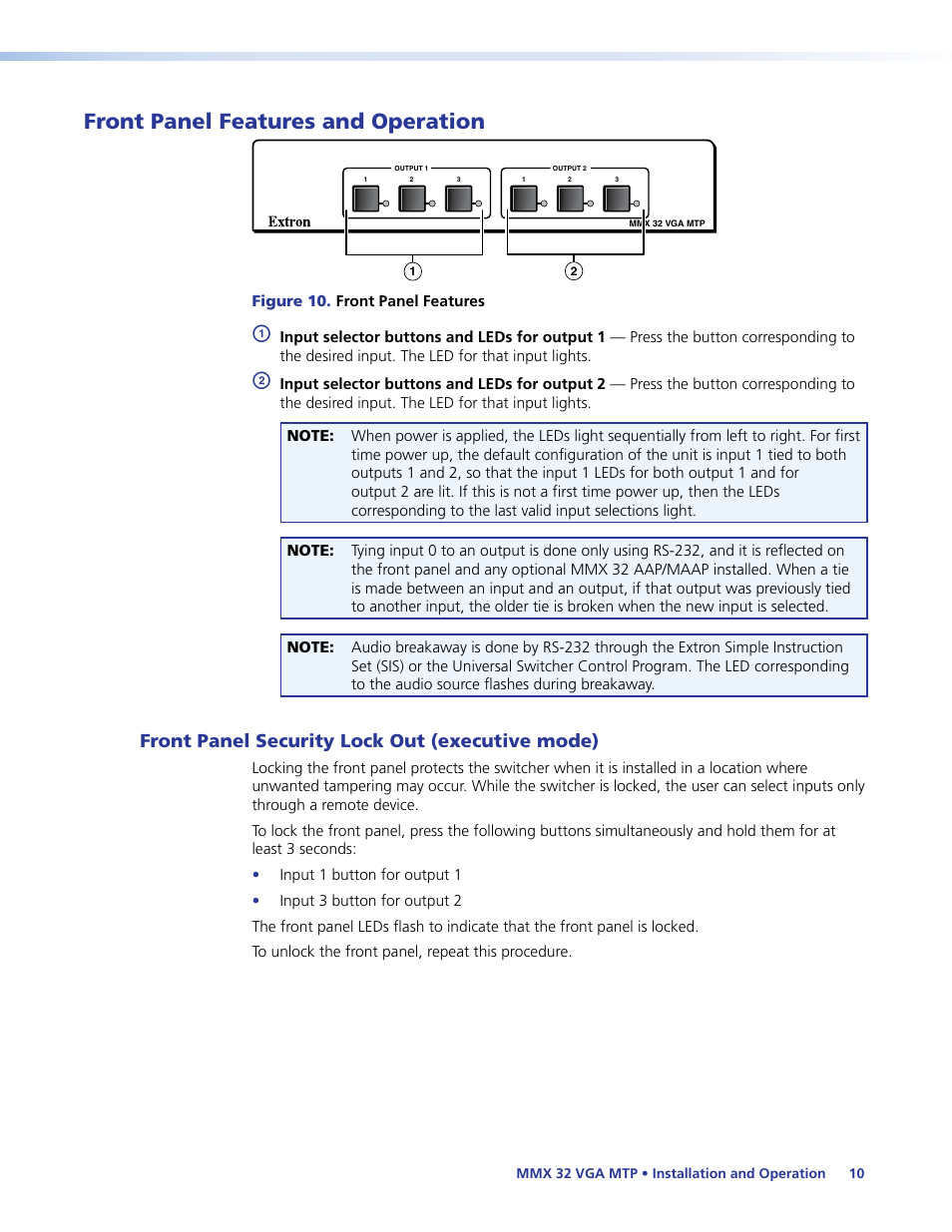 Front panel features and operation, Front panel security lock out (executive mode) | Extron Electronics MMX 32 VGA MTP User Guide User Manual | Page 15 / 33