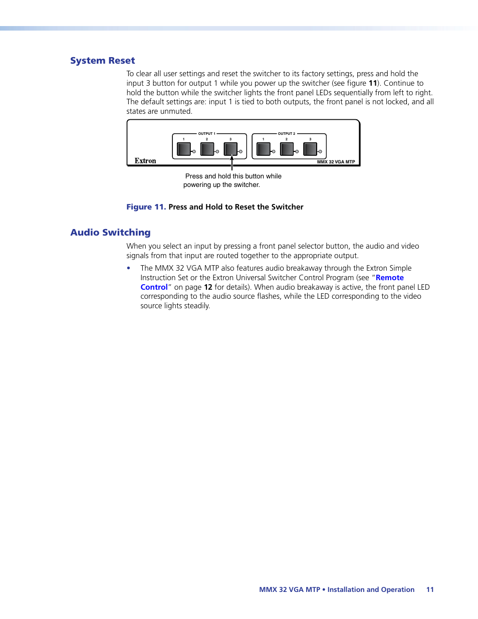 System reset, Audio switching | Extron Electronics MMX 32 VGA MTP User Guide User Manual | Page 16 / 33
