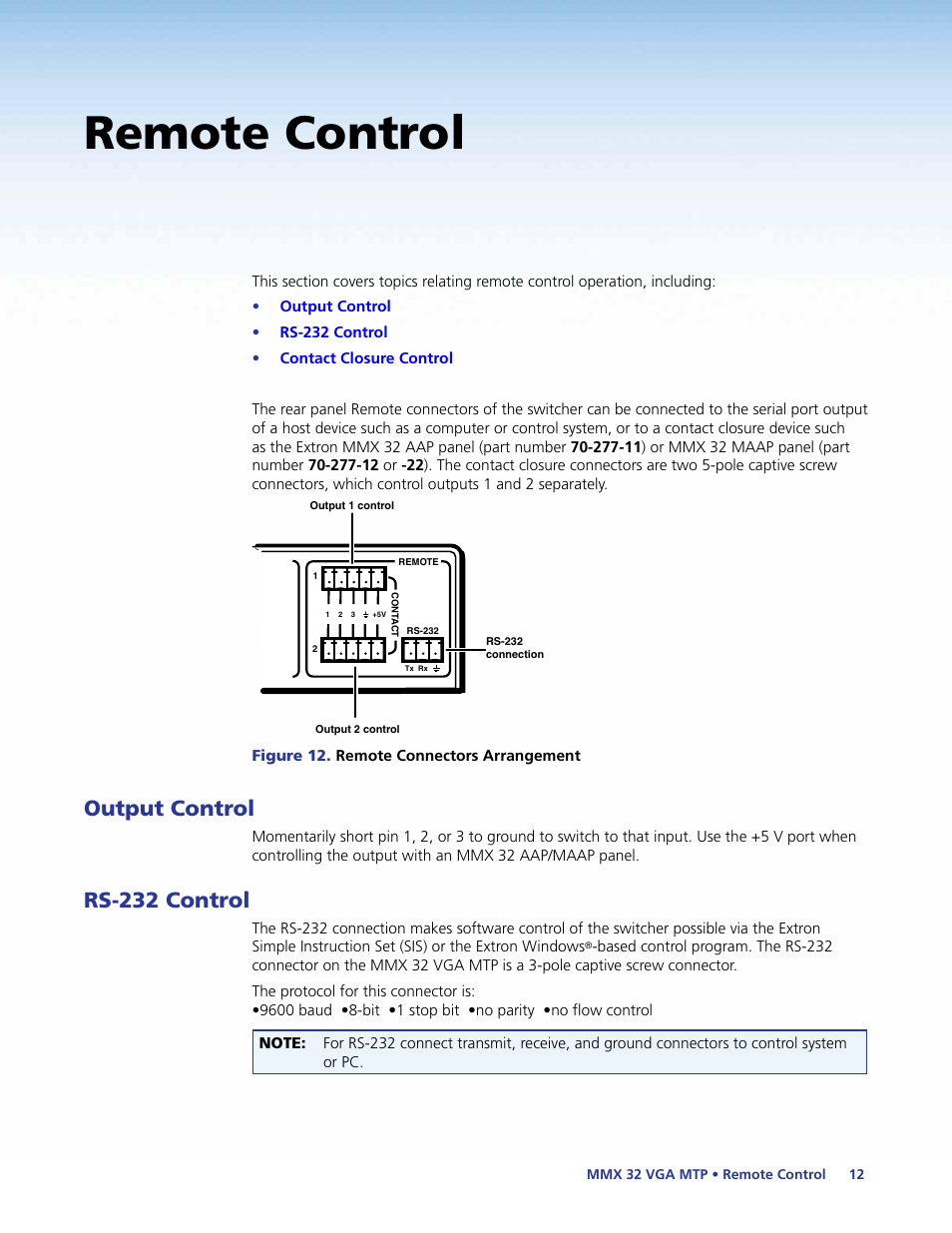 Remote control, Output control, Rs-232 control | Ogram (see, Remote, Control | Extron Electronics MMX 32 VGA MTP User Guide User Manual | Page 17 / 33