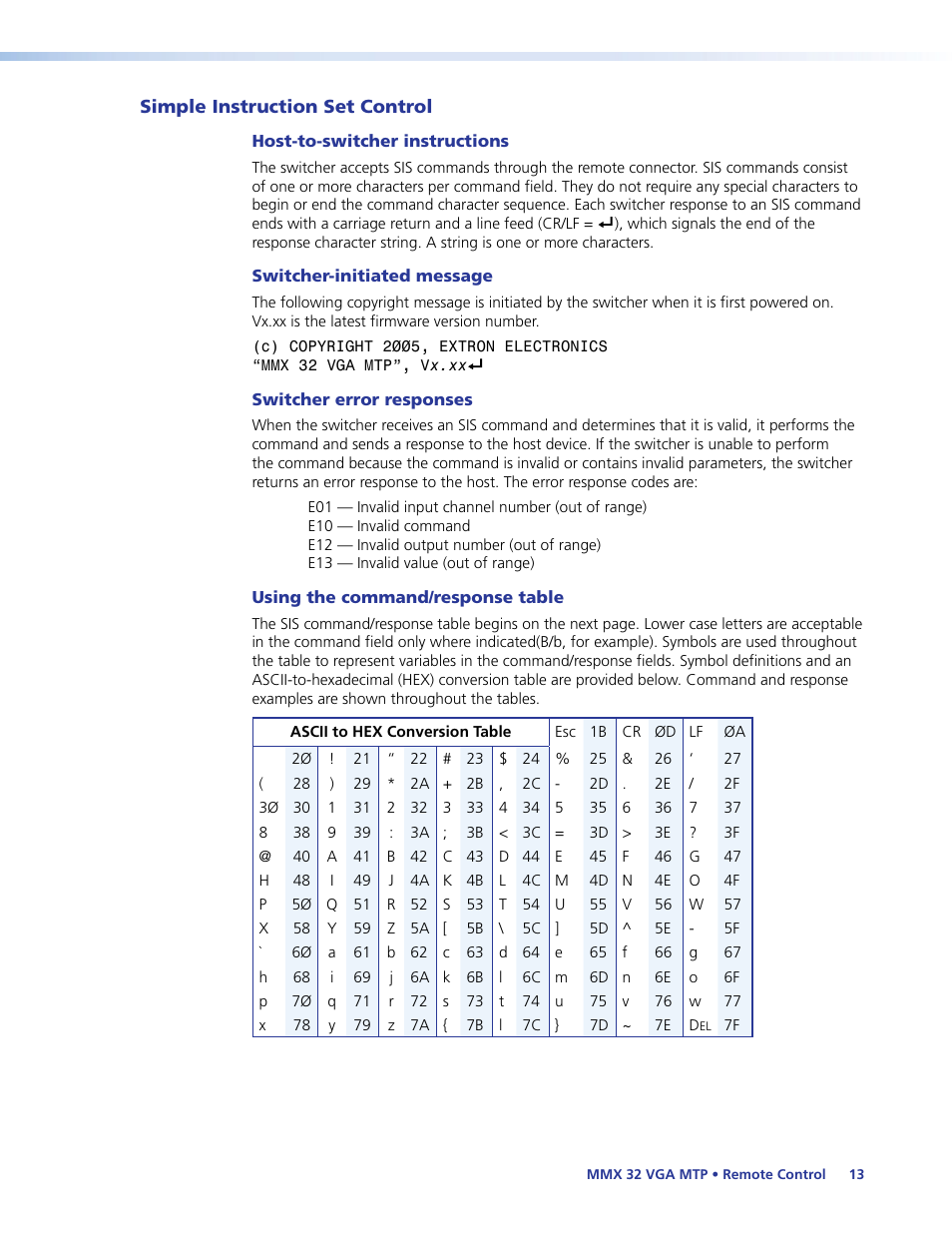 Simple instruction set control, Host-to-switcher instructions, Switcher-initiated message | Switcher error responses, Using the command/response table | Extron Electronics MMX 32 VGA MTP User Guide User Manual | Page 18 / 33