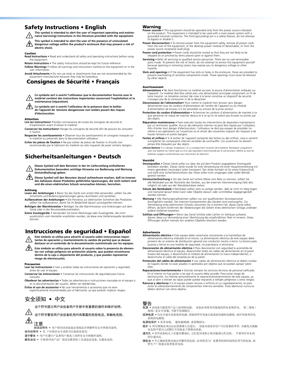 Safety instructions, Safety instructions • english, Consignes de sécurité • français | Sicherheitsanleitungen • deutsch, Instrucciones de seguridad • español 安全须知 • 中文, Warning | Extron Electronics MMX 32 VGA MTP User Guide User Manual | Page 2 / 33