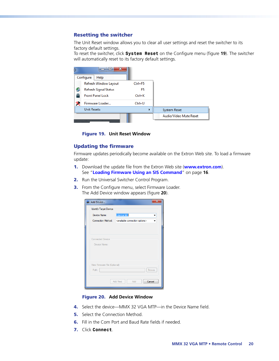 Resetting the switcher, Updating the firmware | Extron Electronics MMX 32 VGA MTP User Guide User Manual | Page 25 / 33