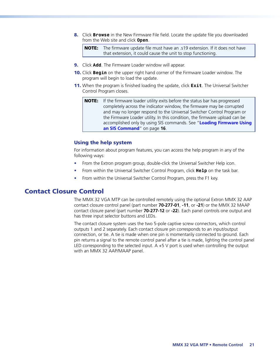 Using the help system, Contact closure control | Extron Electronics MMX 32 VGA MTP User Guide User Manual | Page 26 / 33